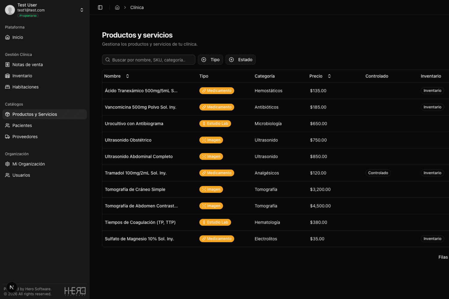 Catálogo de productos y servicios de ClinicVault