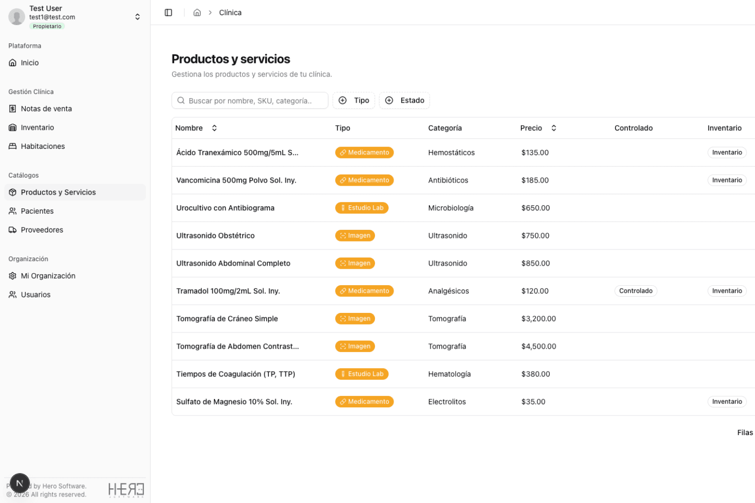 Catálogo de productos y servicios de ClinicVault