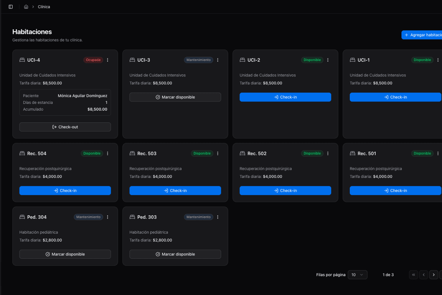 Gestión de habitaciones de ClinicVault